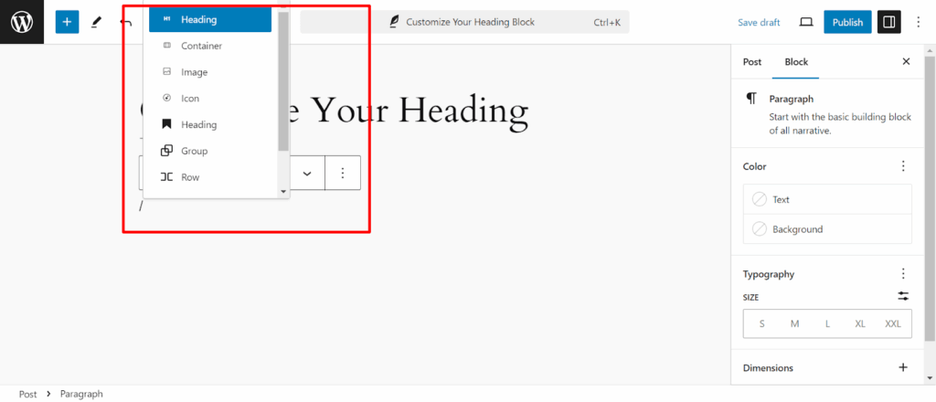 Add the heading on the page