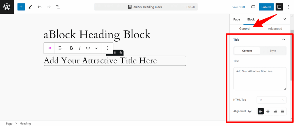 Navigate the heading block customization Section