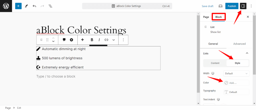 navigate the aBlocks advanced color settings