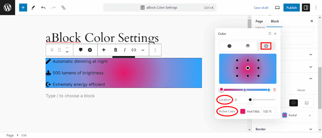 Radial Color settings