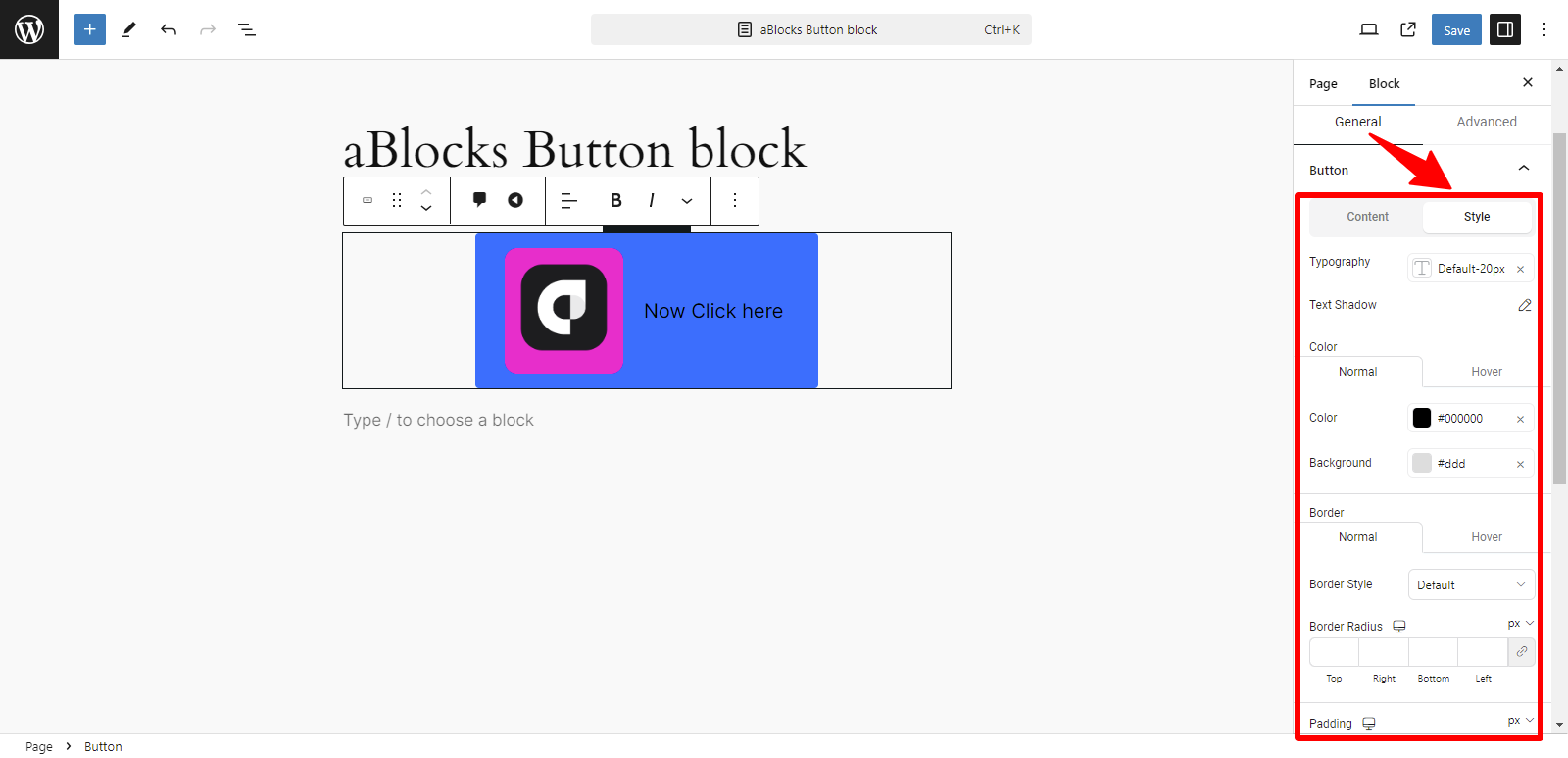 Customize the sections of the button of Style
