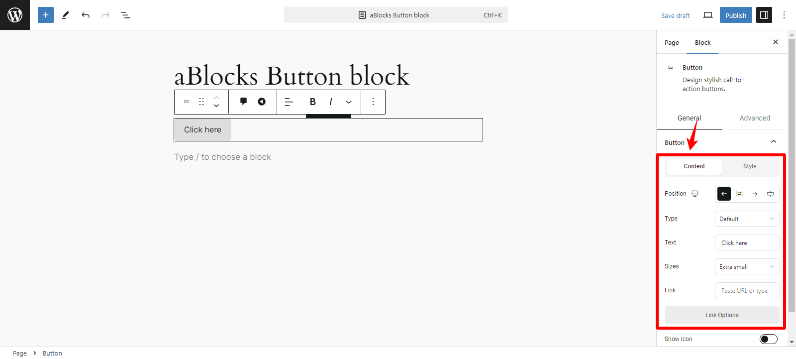 Customize the sections of the button of content