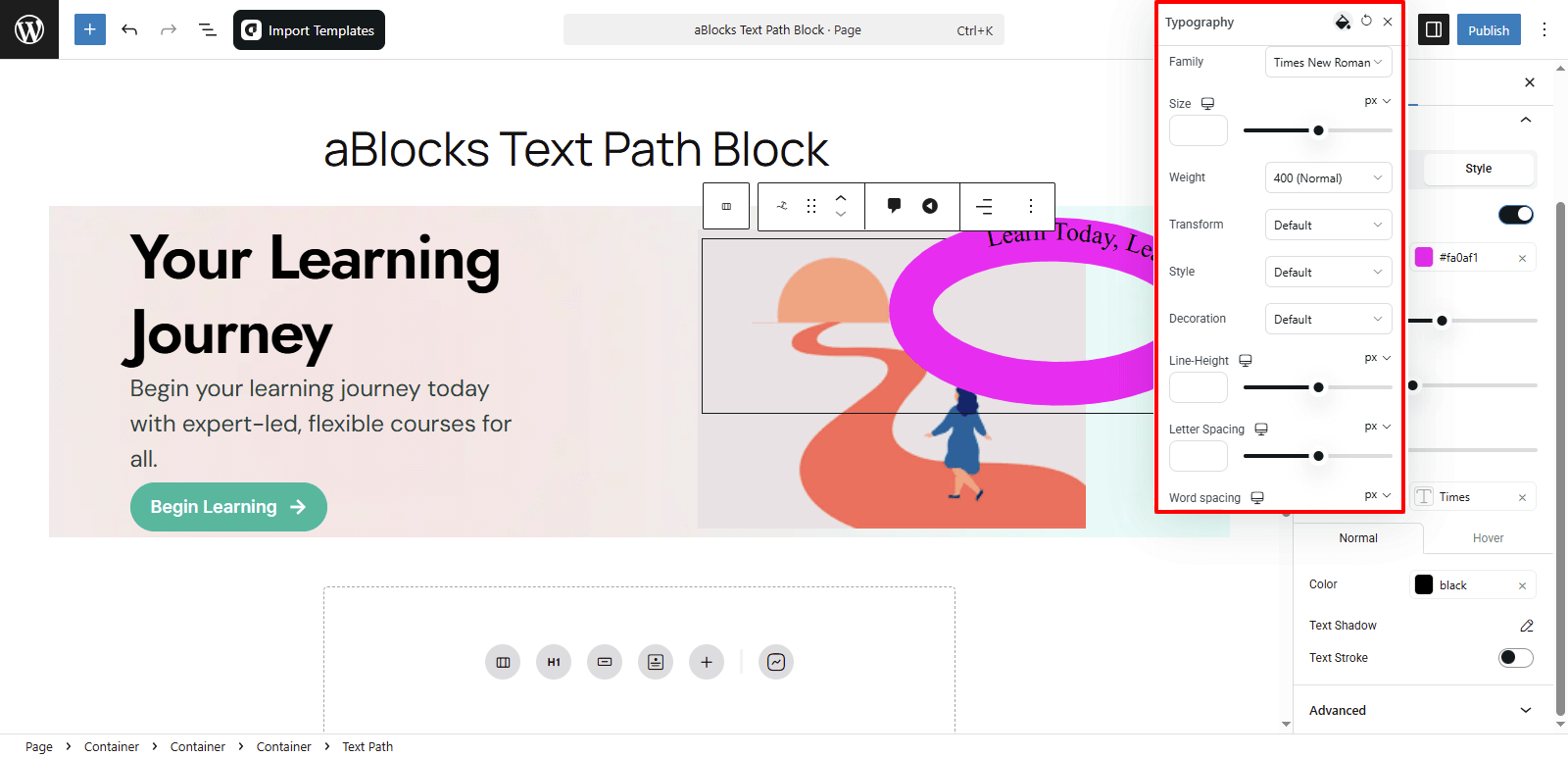 Customize the Typography options