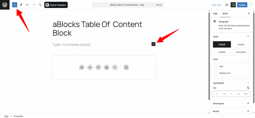 Add aBlocks Table of Content Block from the WordPress block inserter