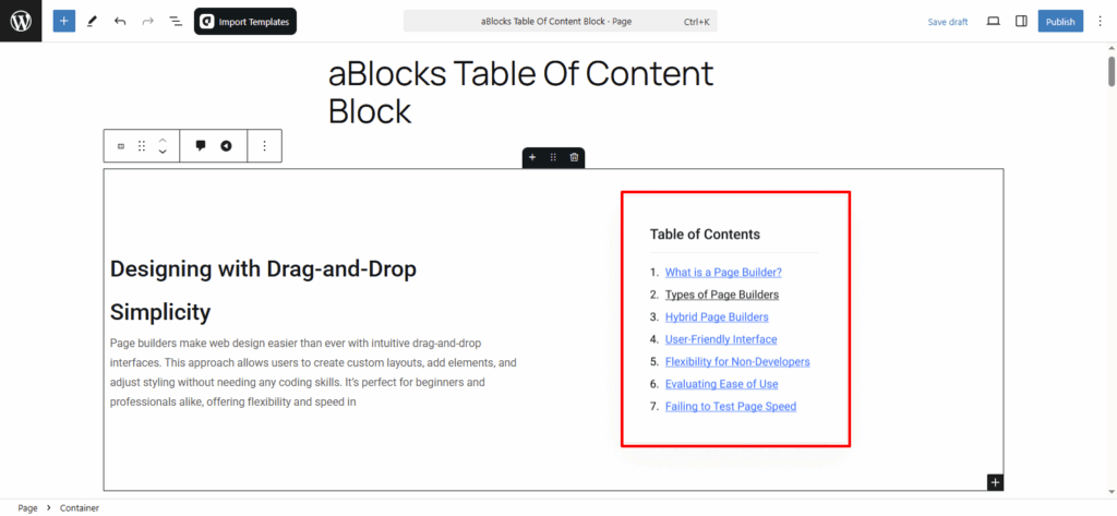 Add aBlocks Table of Content Block
