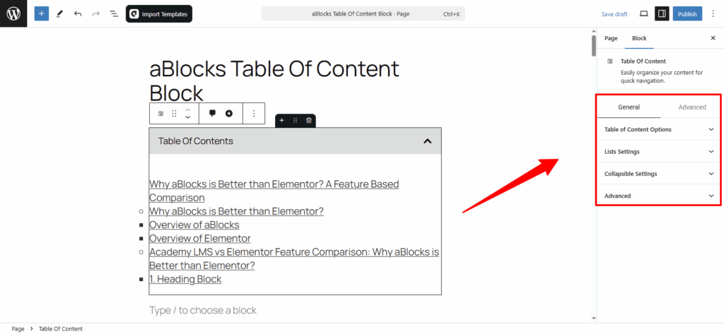 Customize the aBlocks Table Of Content Block