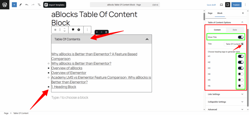 Customize the Content options in the Table of Content options section.