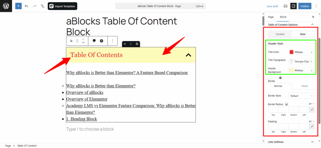 Customize the Style options in the Table of Content options section.