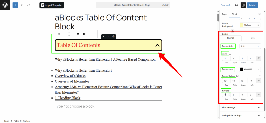 Table of Content Options Border Customization