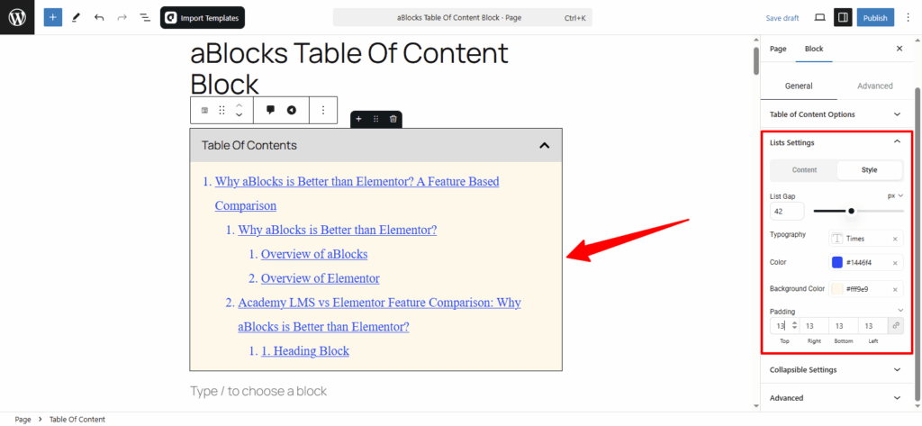 Customize the Style options in the Lists Settings section