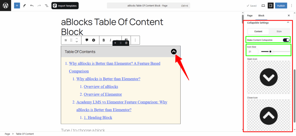  Customize the Content options in the Collapsible Settings section
