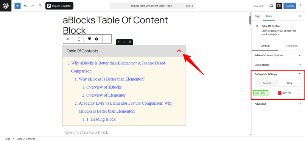 Customize the Style options in the Collapsible Settings section