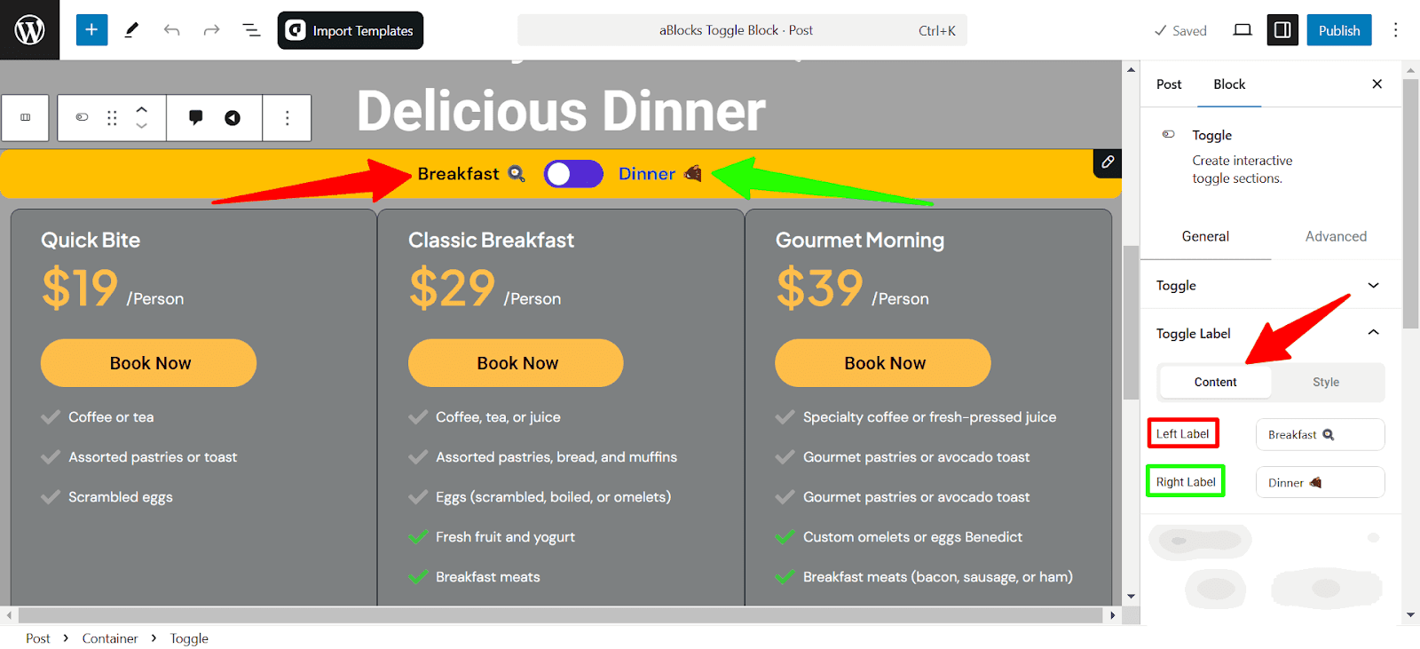 toggle label Content customization 