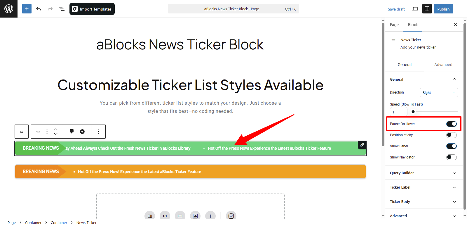 Customize the Pause on Hover option