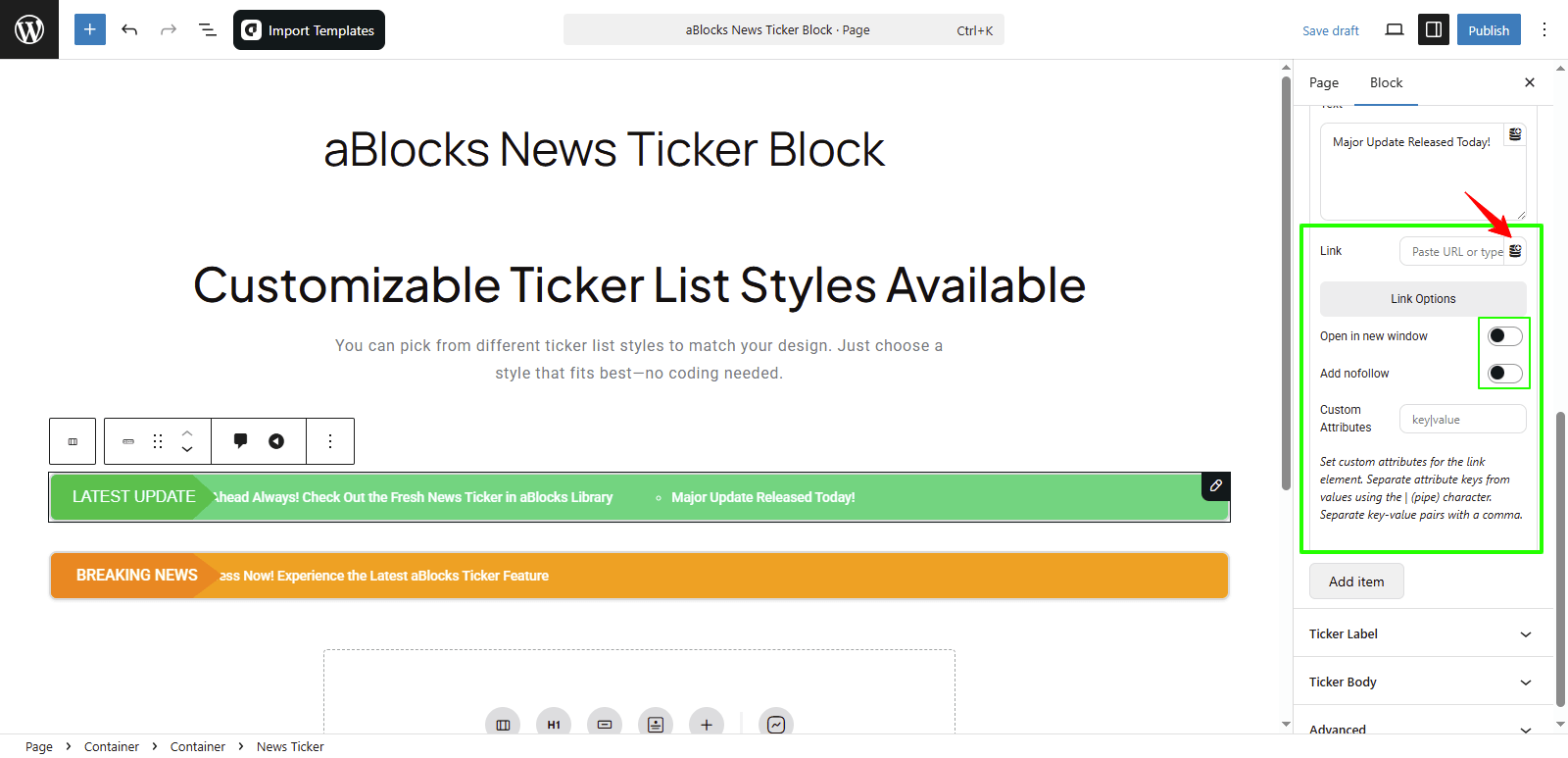 Customize the Link Options section