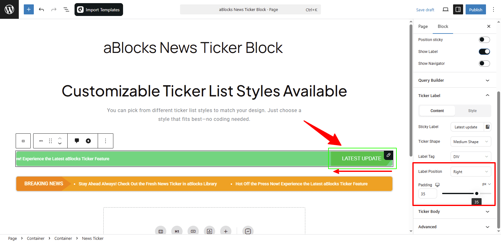 Customize the Label Position and Padding options