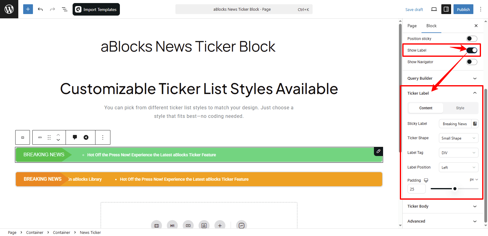 Customize the Show Label option