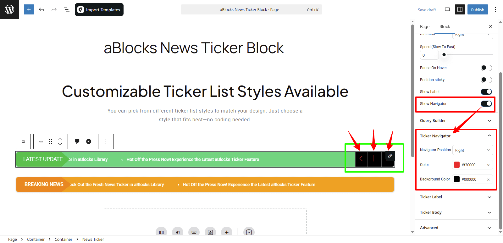 Customize the Ticker Navigation Sections