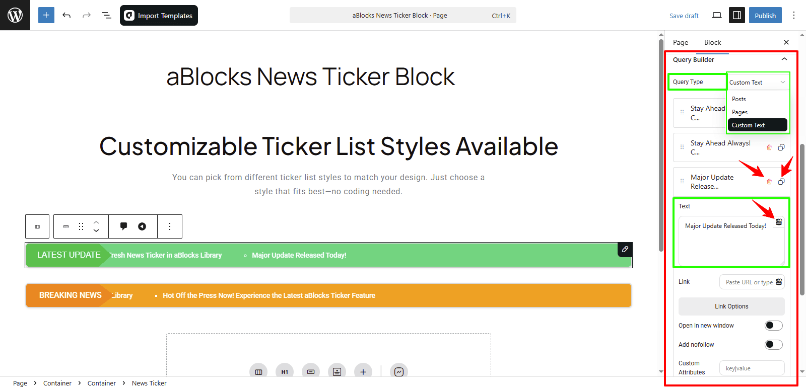 Customize the Query Builder Section