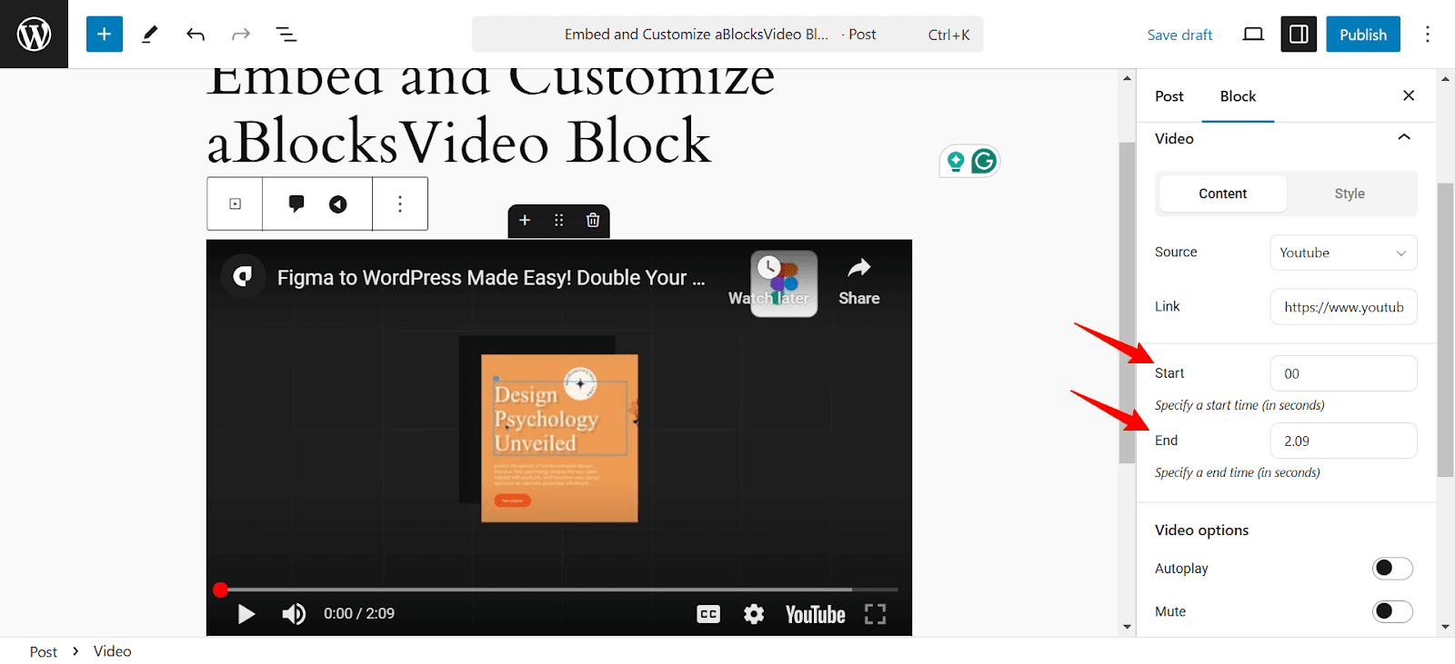 Select a specific time to start and end of your video 