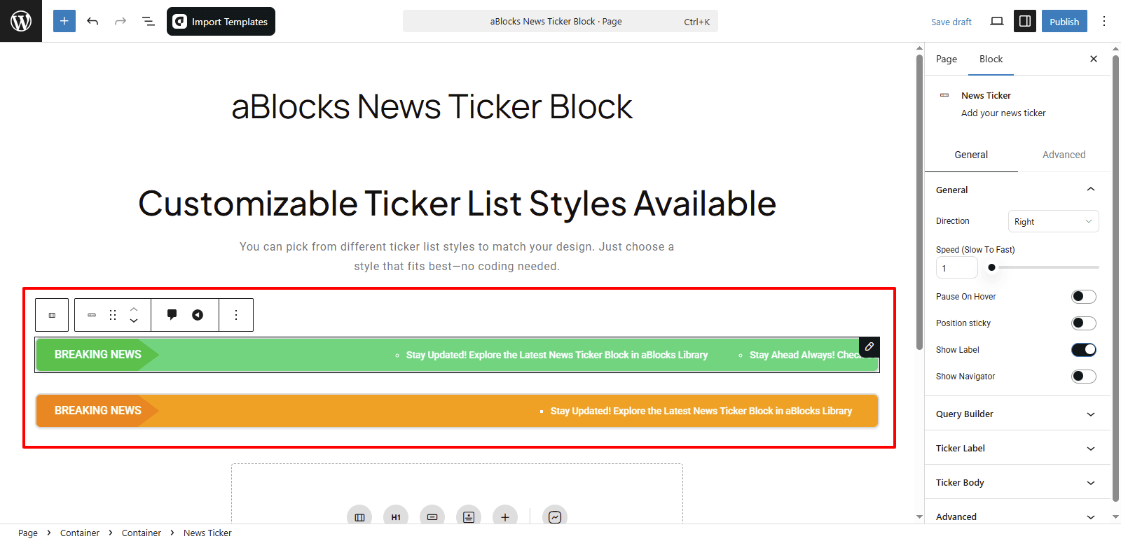 Add News Ticker Block