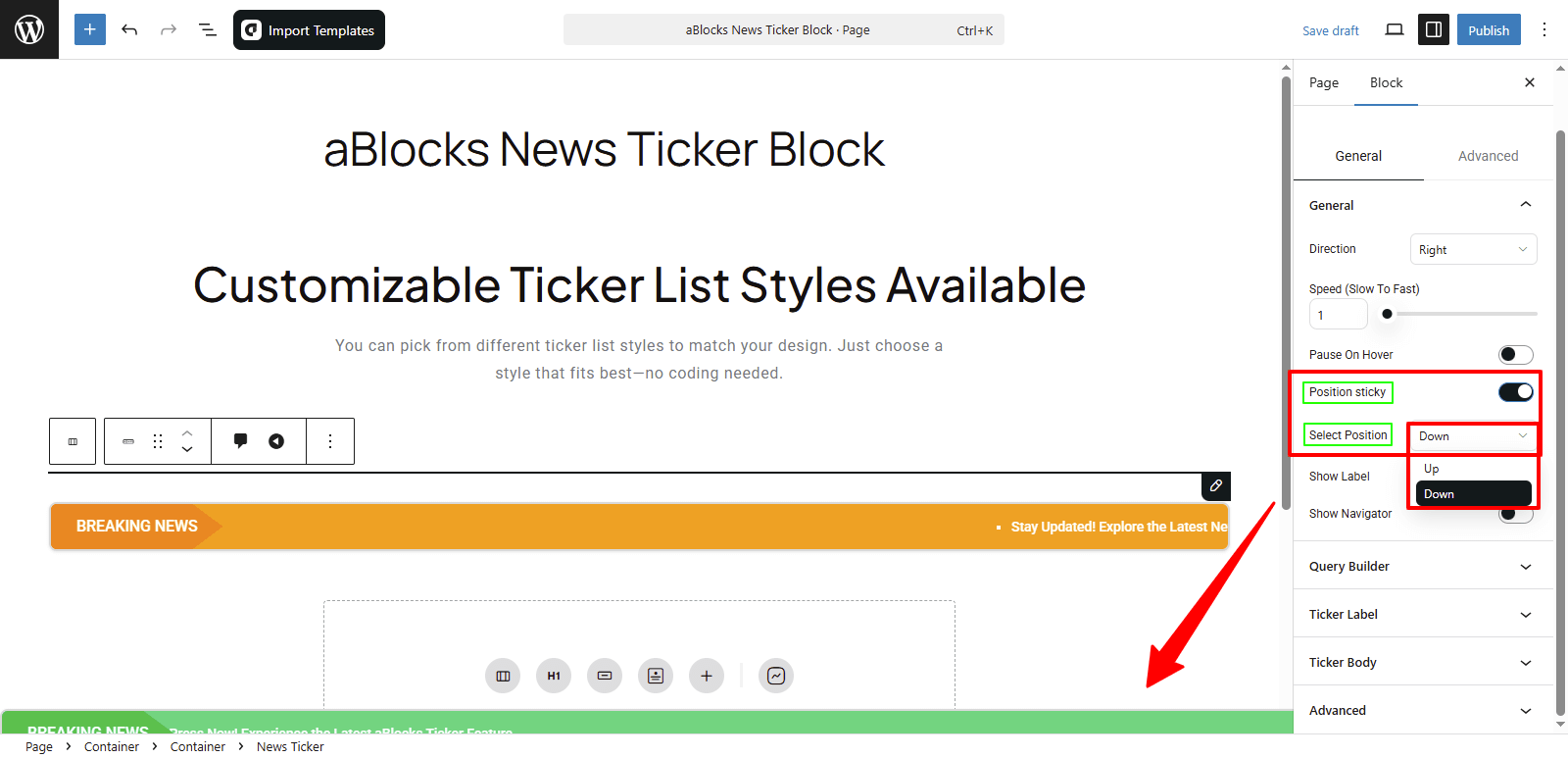 Customize the Position Sticky option