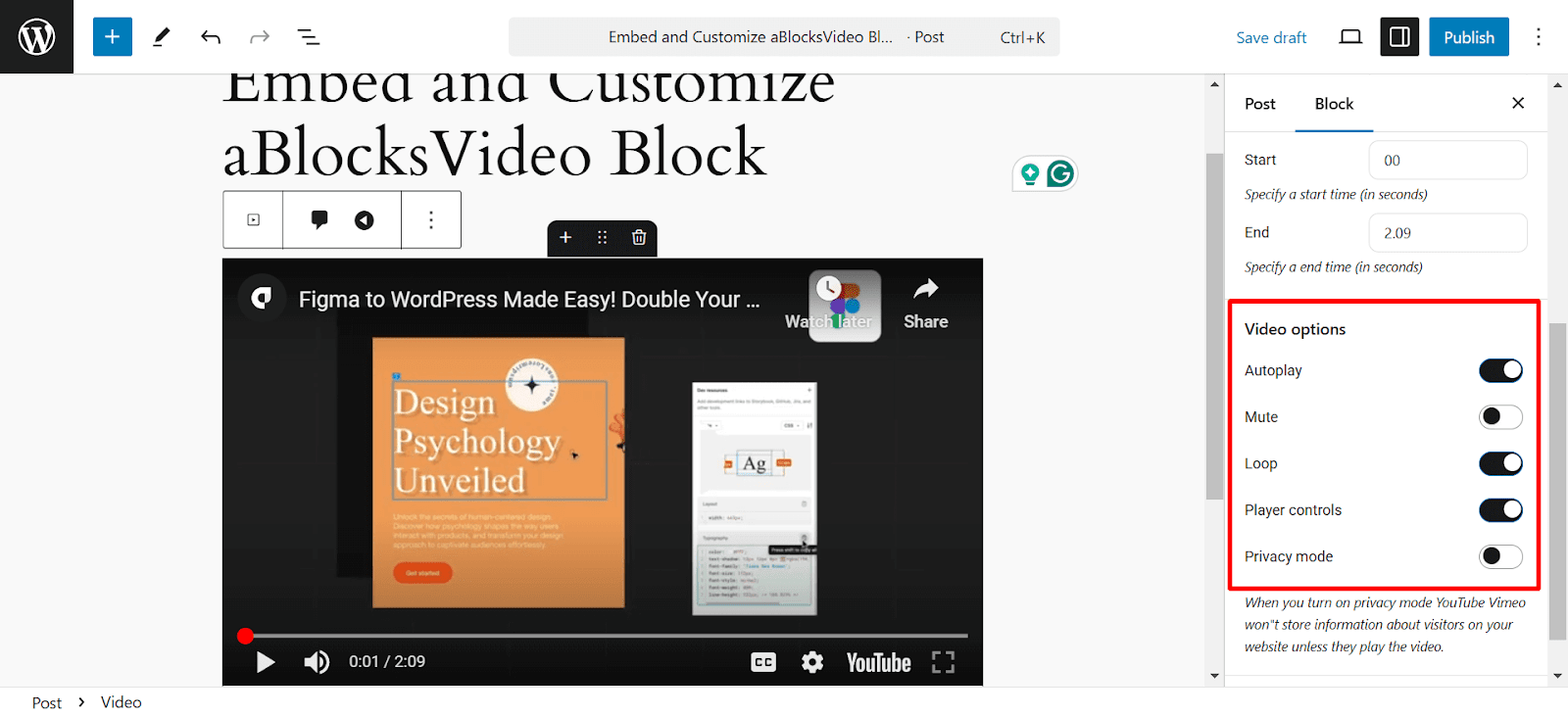 Customize the video options 