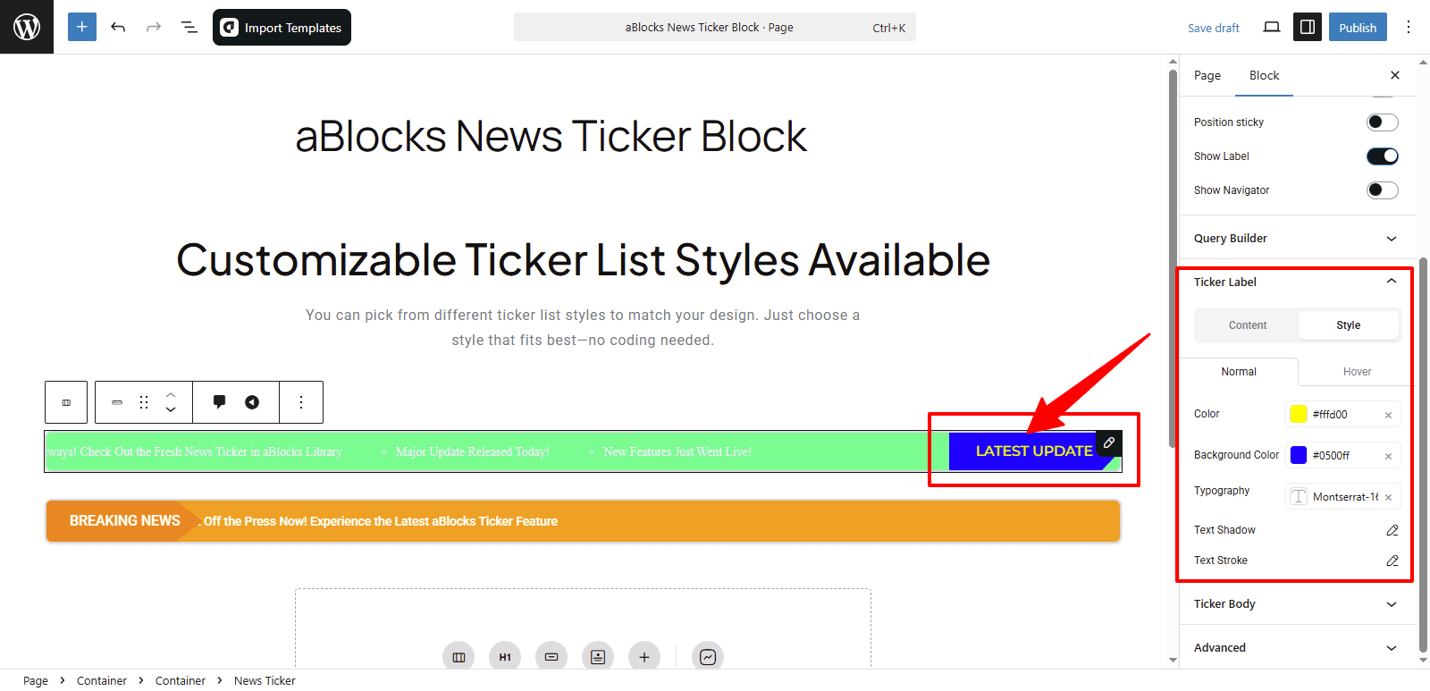 Customize the Style options in the Ticker Label Section