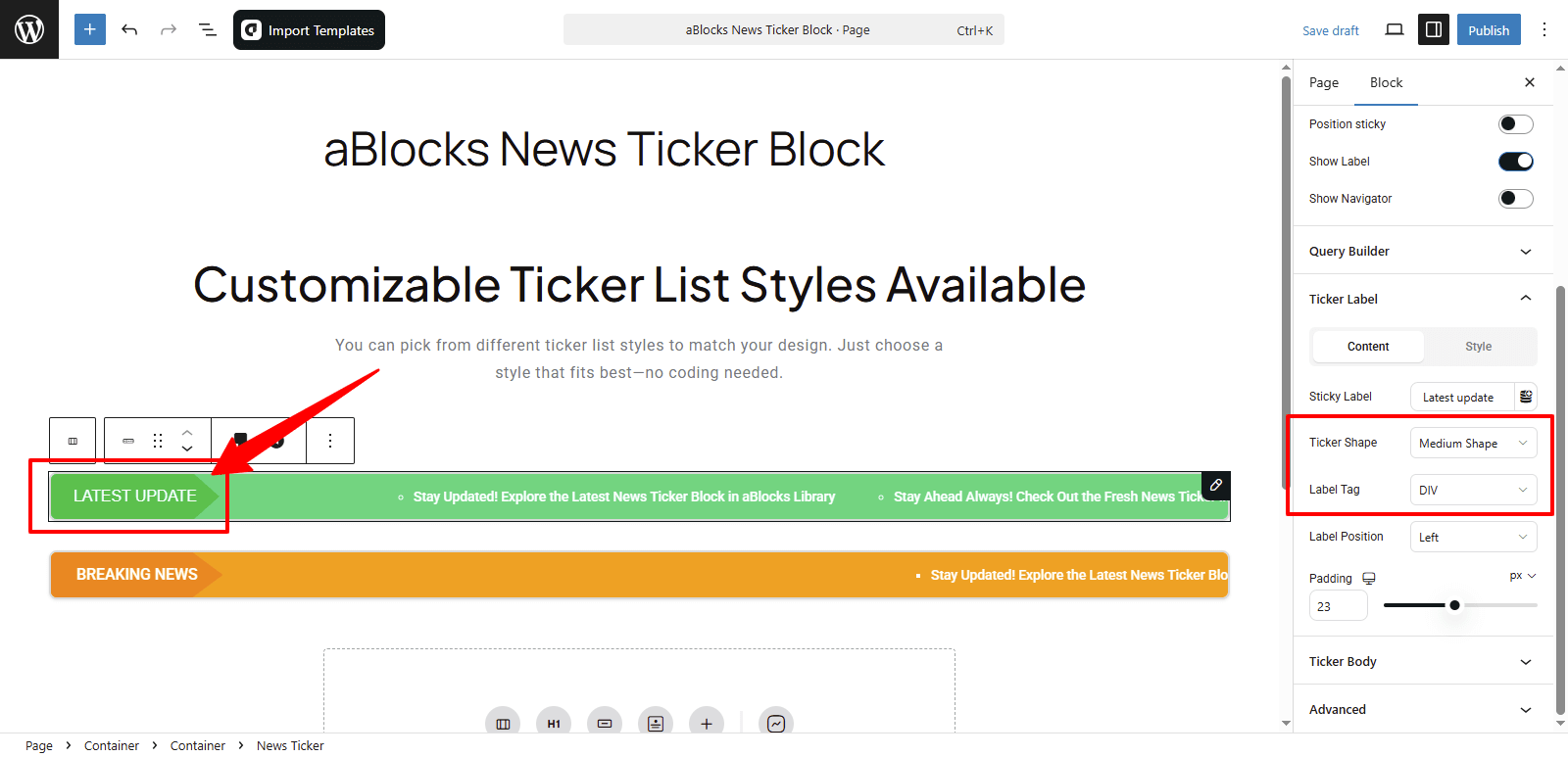 Customize the Ticker Shape and Label Tag options