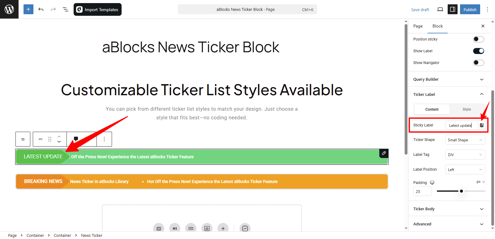 Customize the Content options in the Ticker Label Section