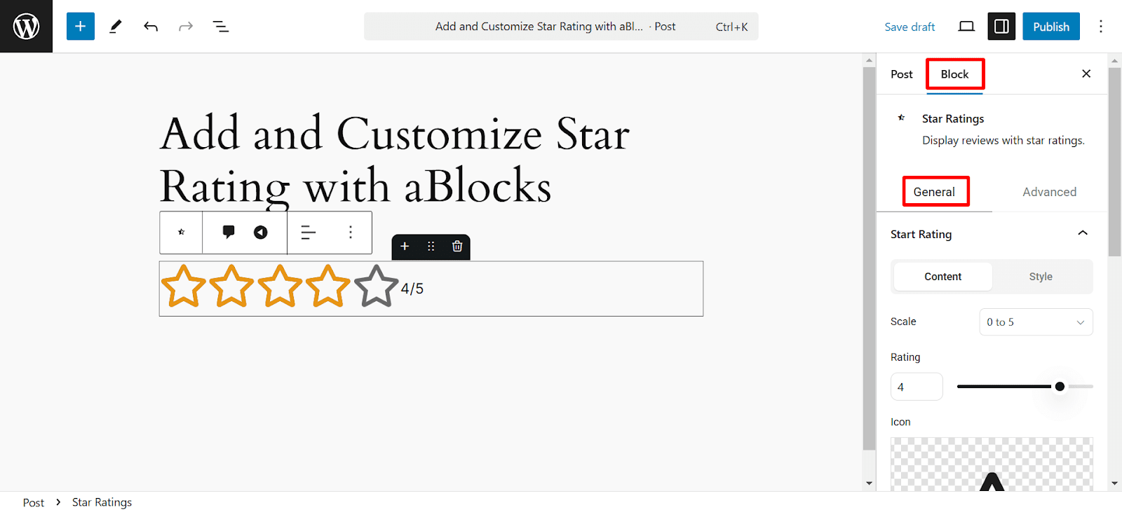 Customize star rating content section 