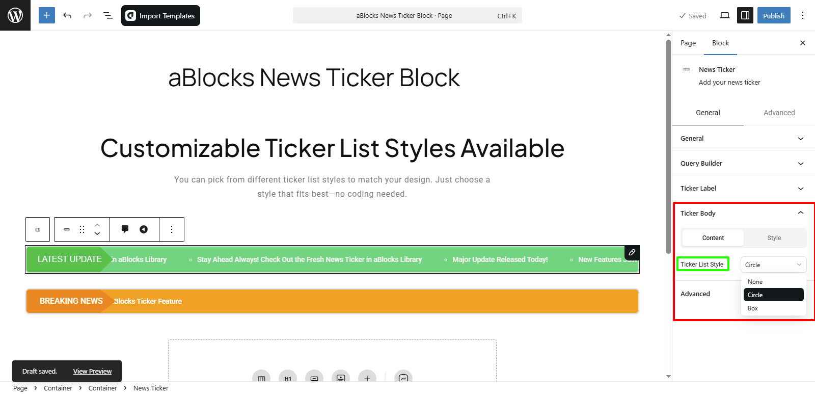 Customize the Content options in the Ticker Body Section