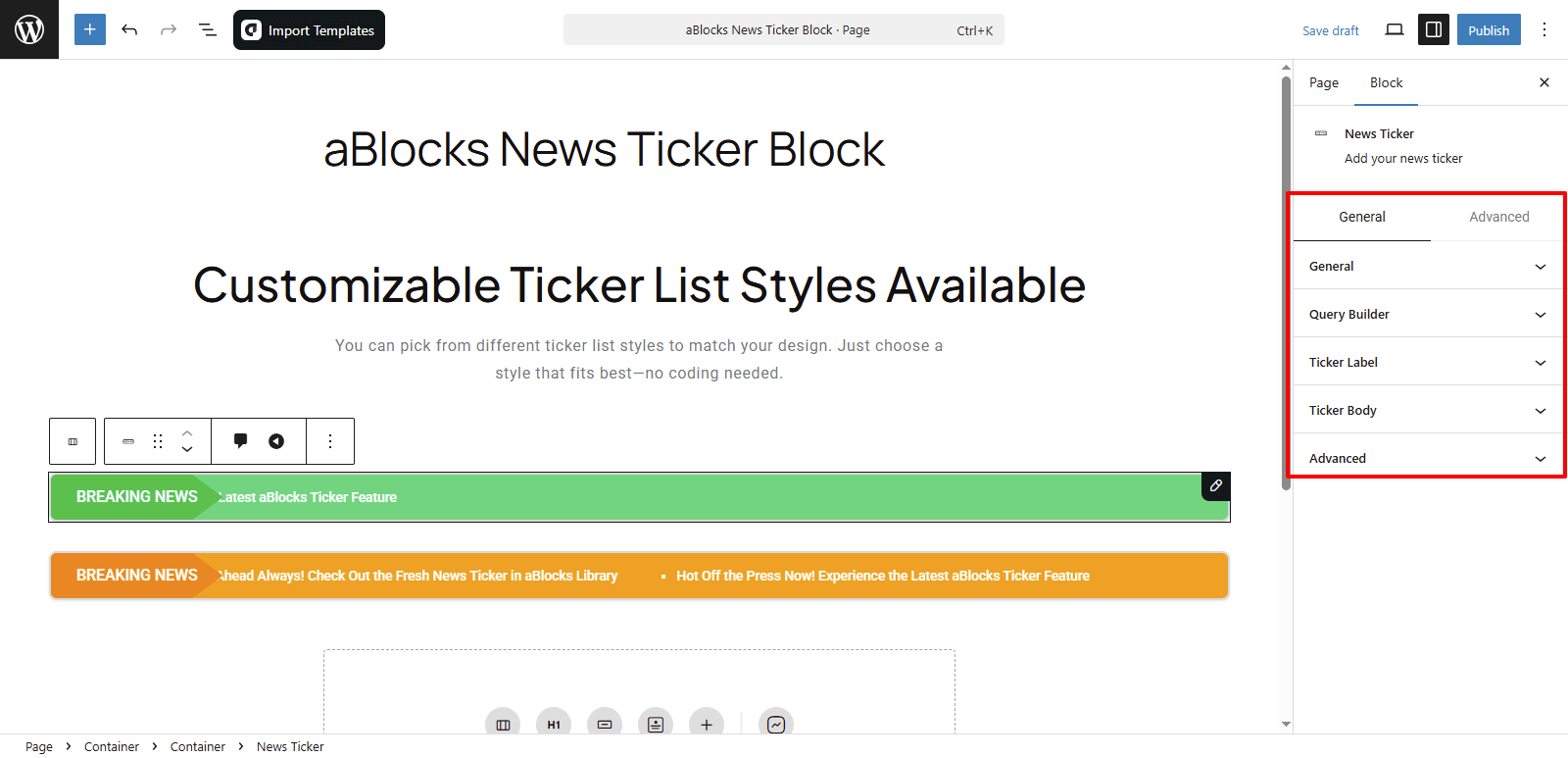 Customize the aBlocks News Ticker Block