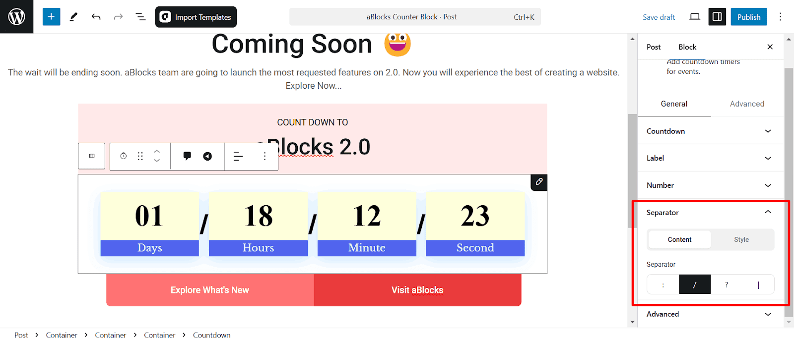 Countdown Separator content customization 