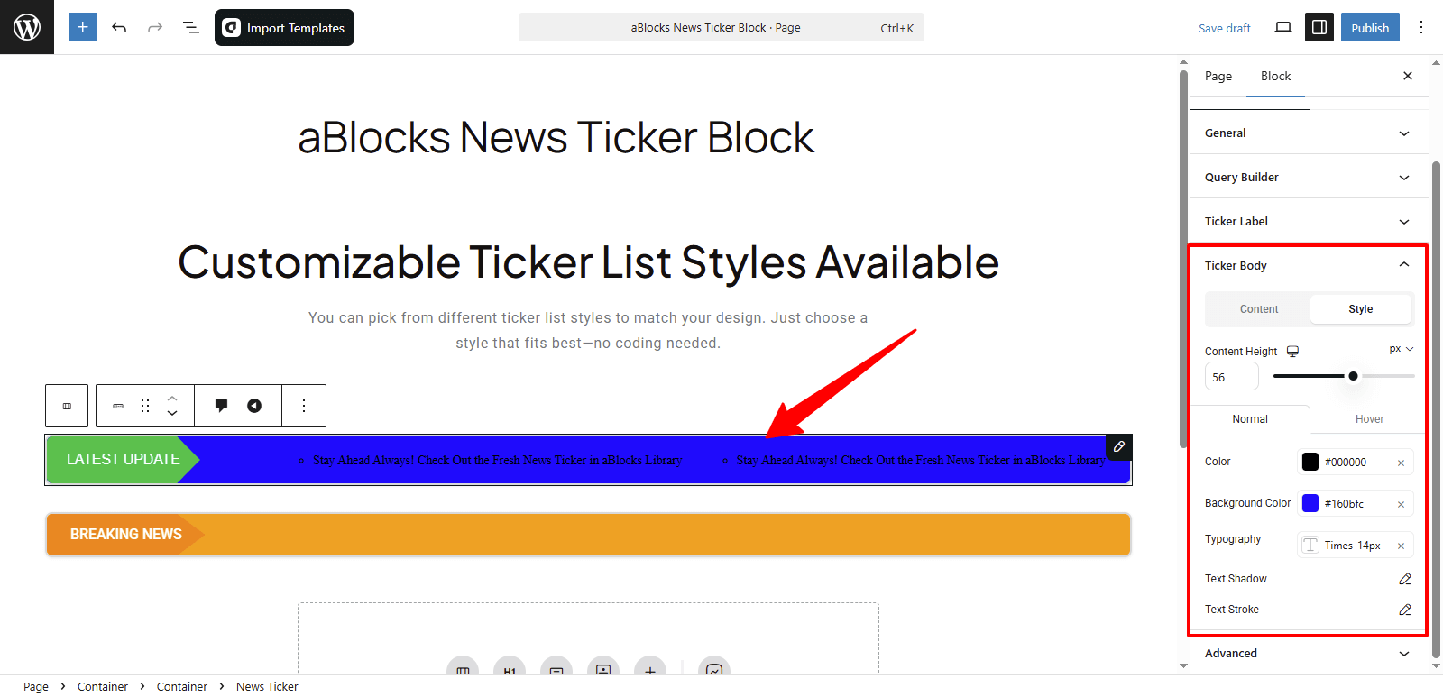 Customize the Style options in the Ticker Body Section