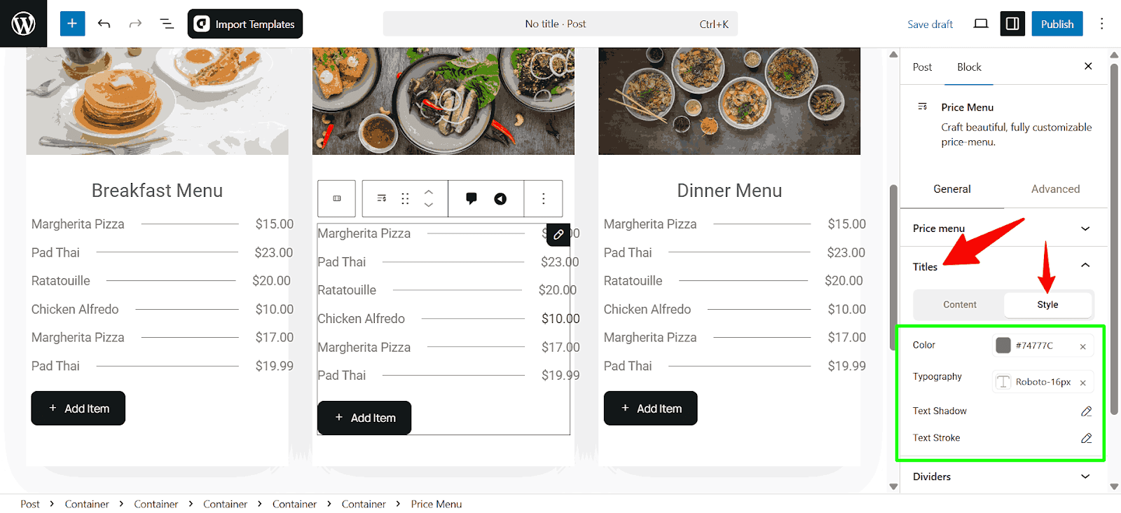 Customize the style option of the Titles 