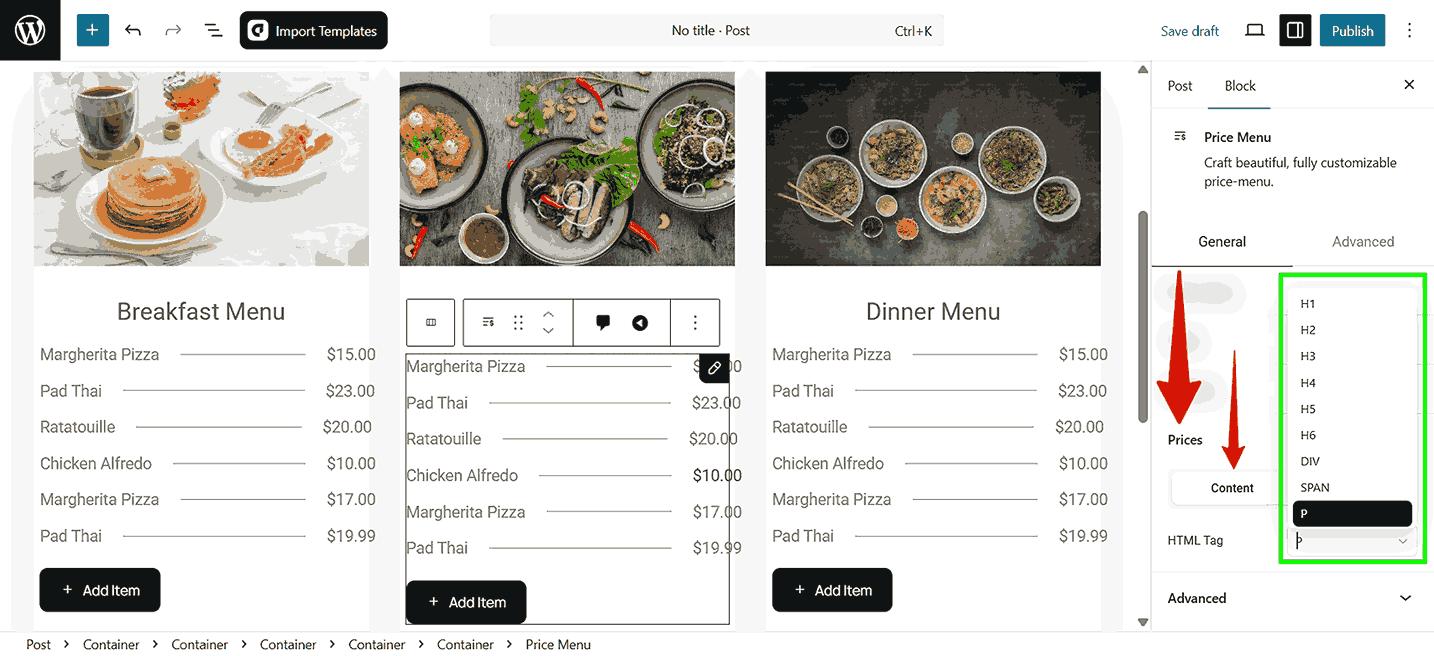 Customize the content of the Prices