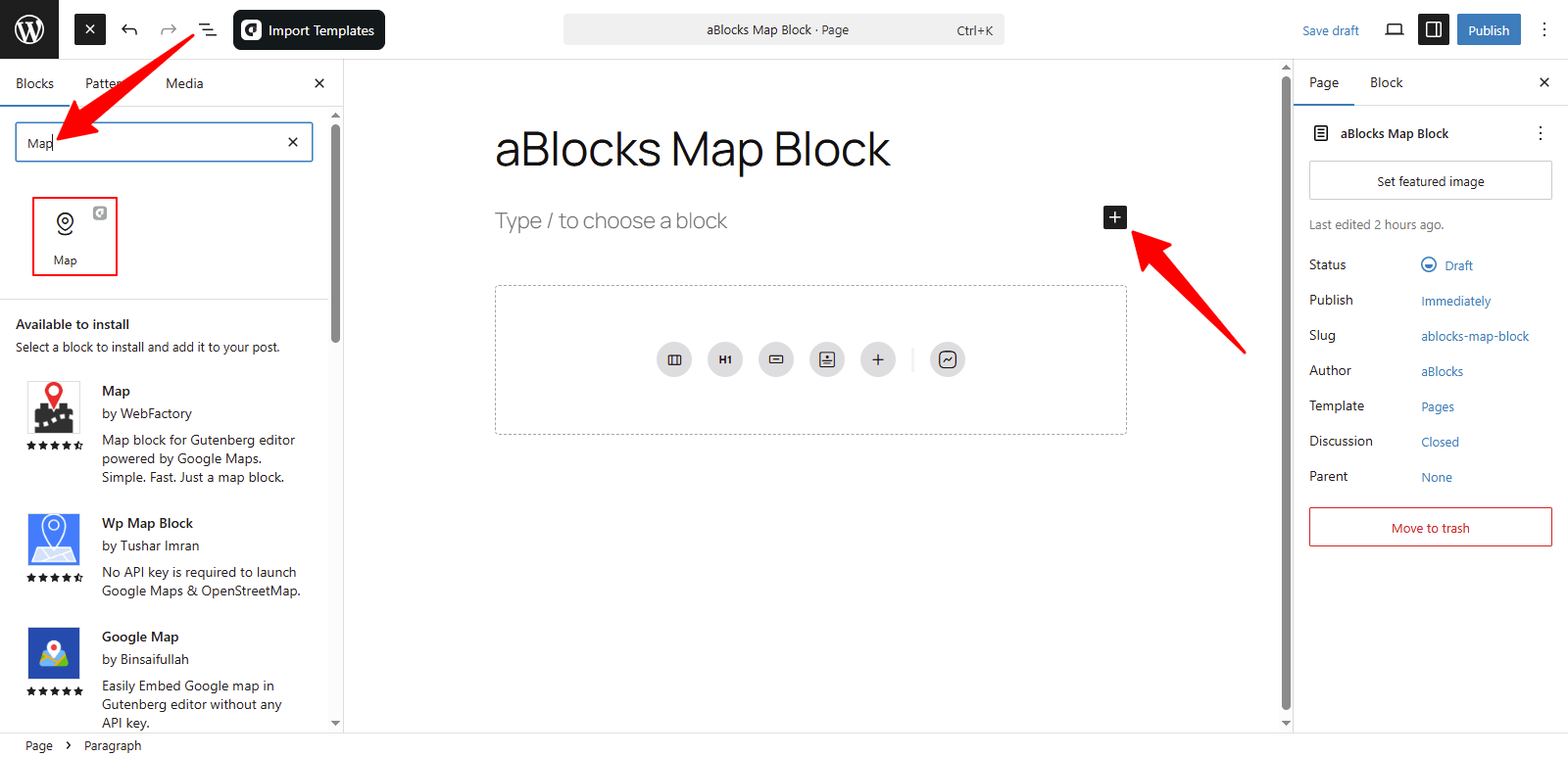 Add aBlocks Map Block from the WordPress block inserter