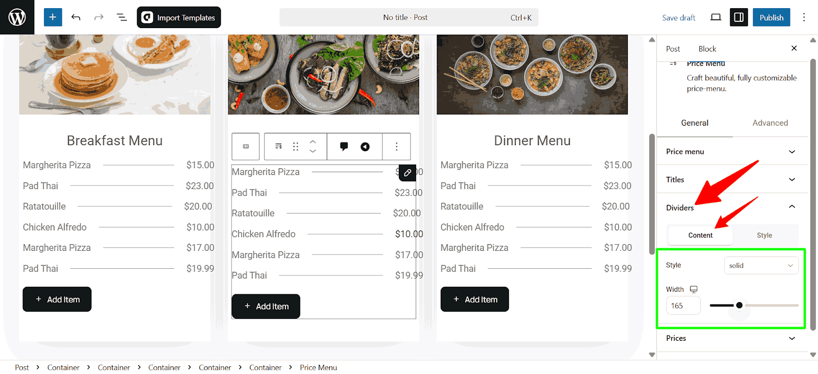 Customize the content of the Dividers