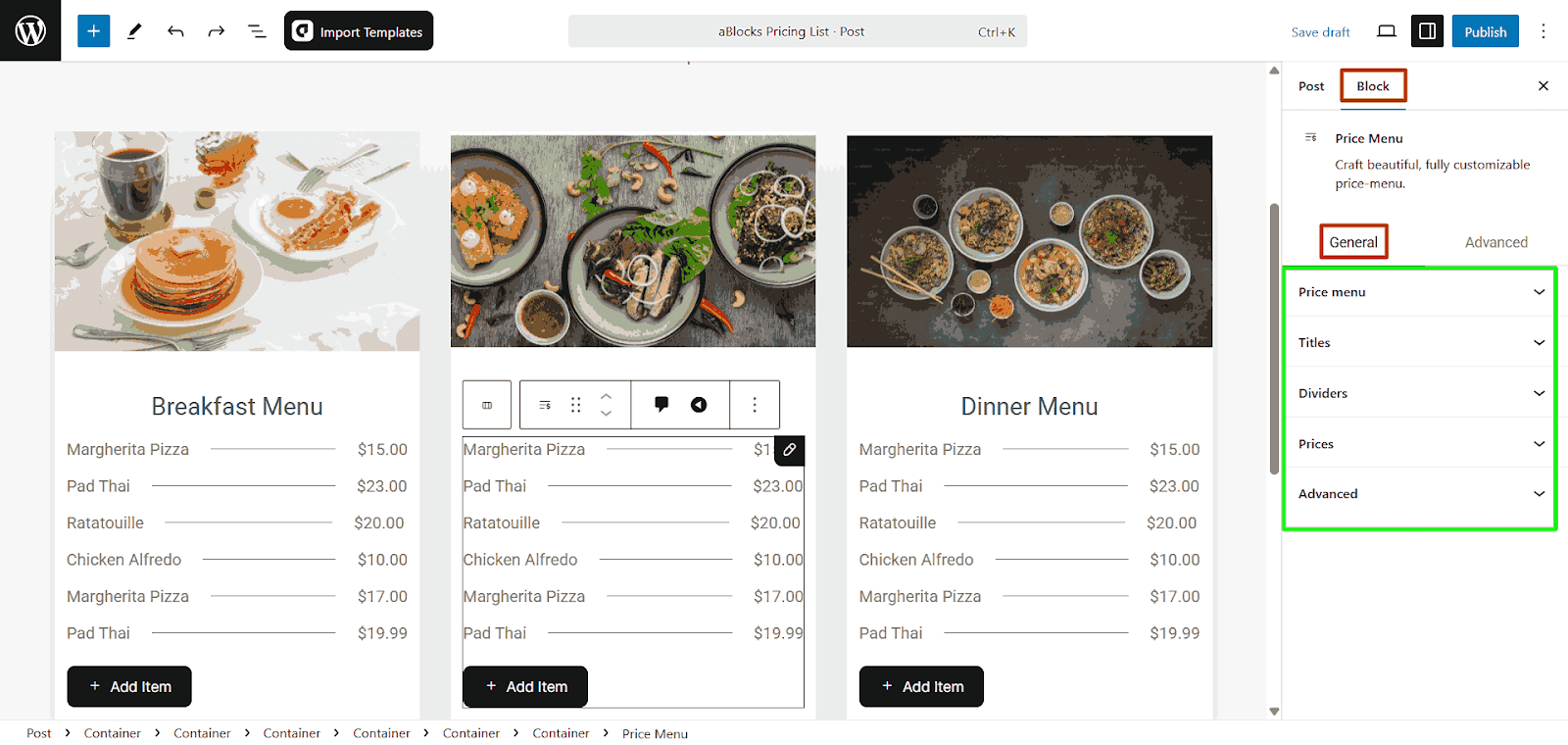 Customize Price Menu