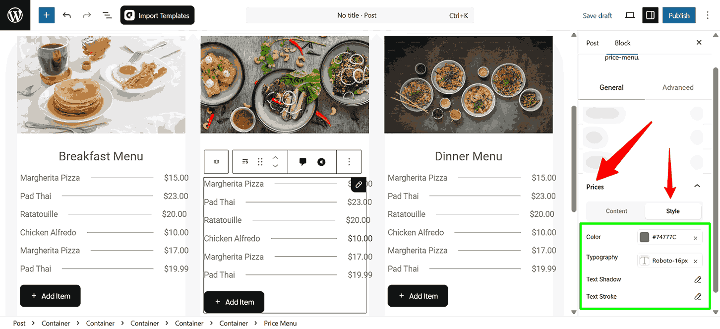 Customize the style of the Prices