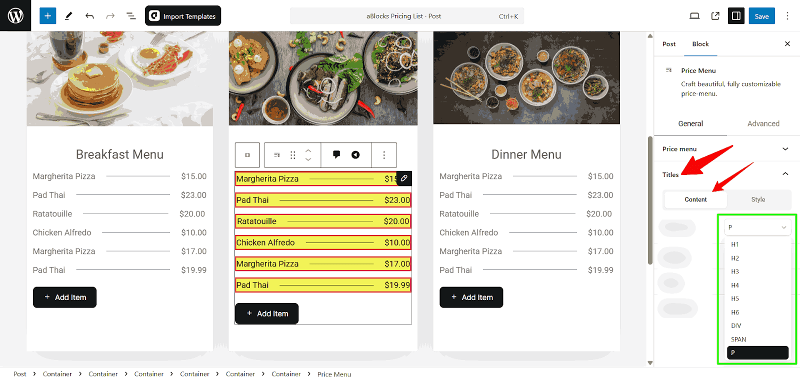 Customize the content option of the Titles 