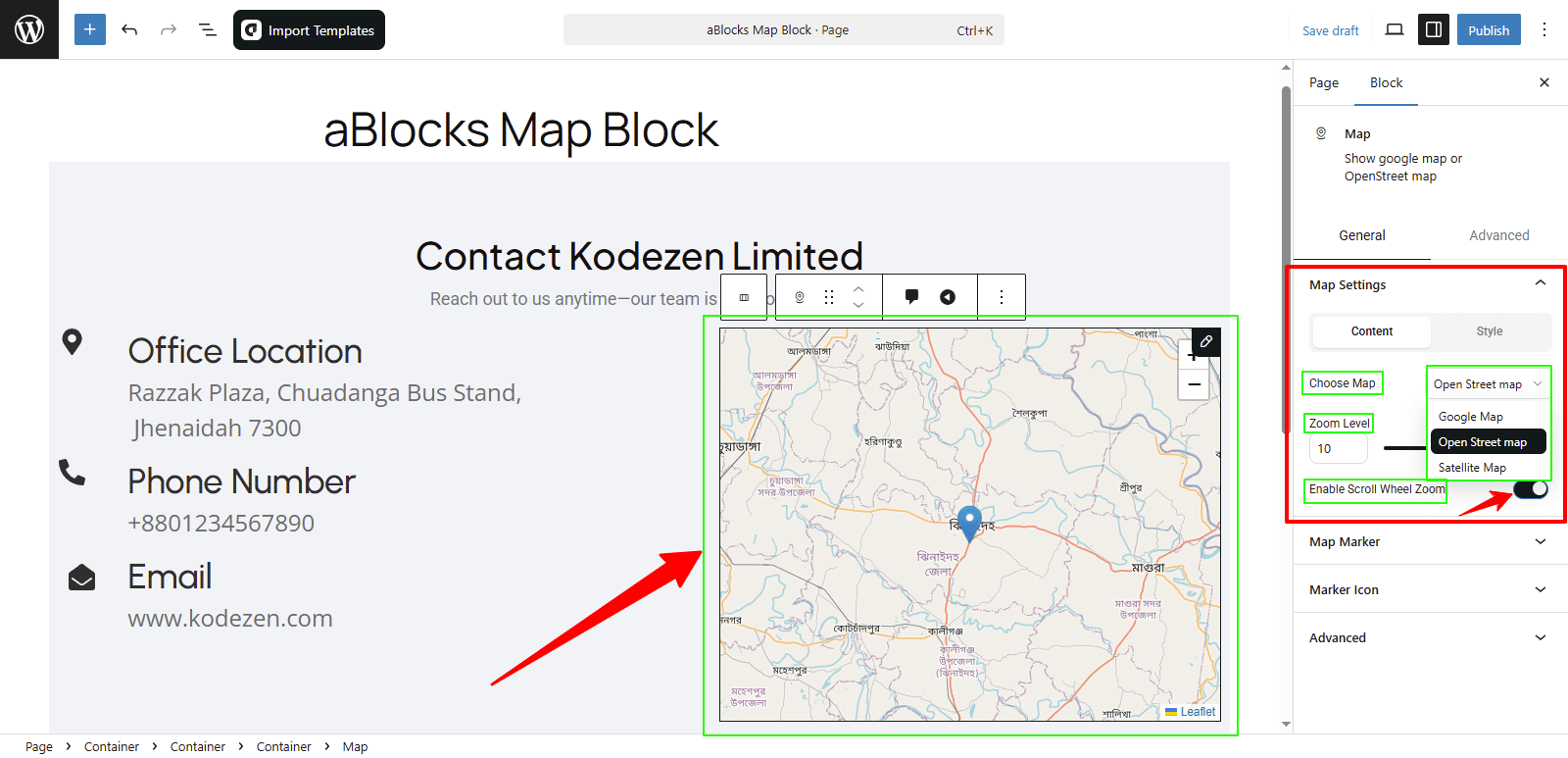 Customize the Content options in the Map Settings section