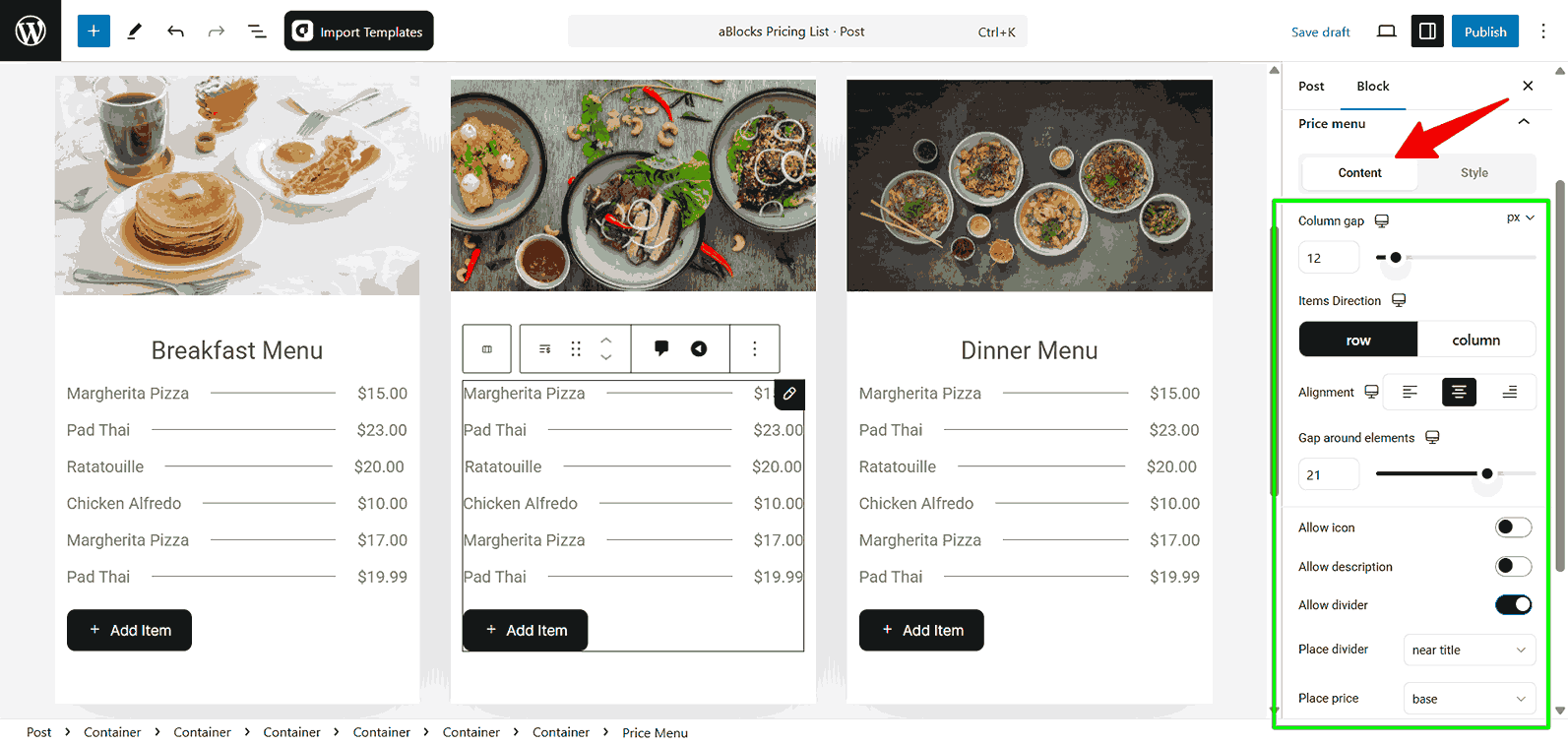 Customize the content option of the Price Menu section.