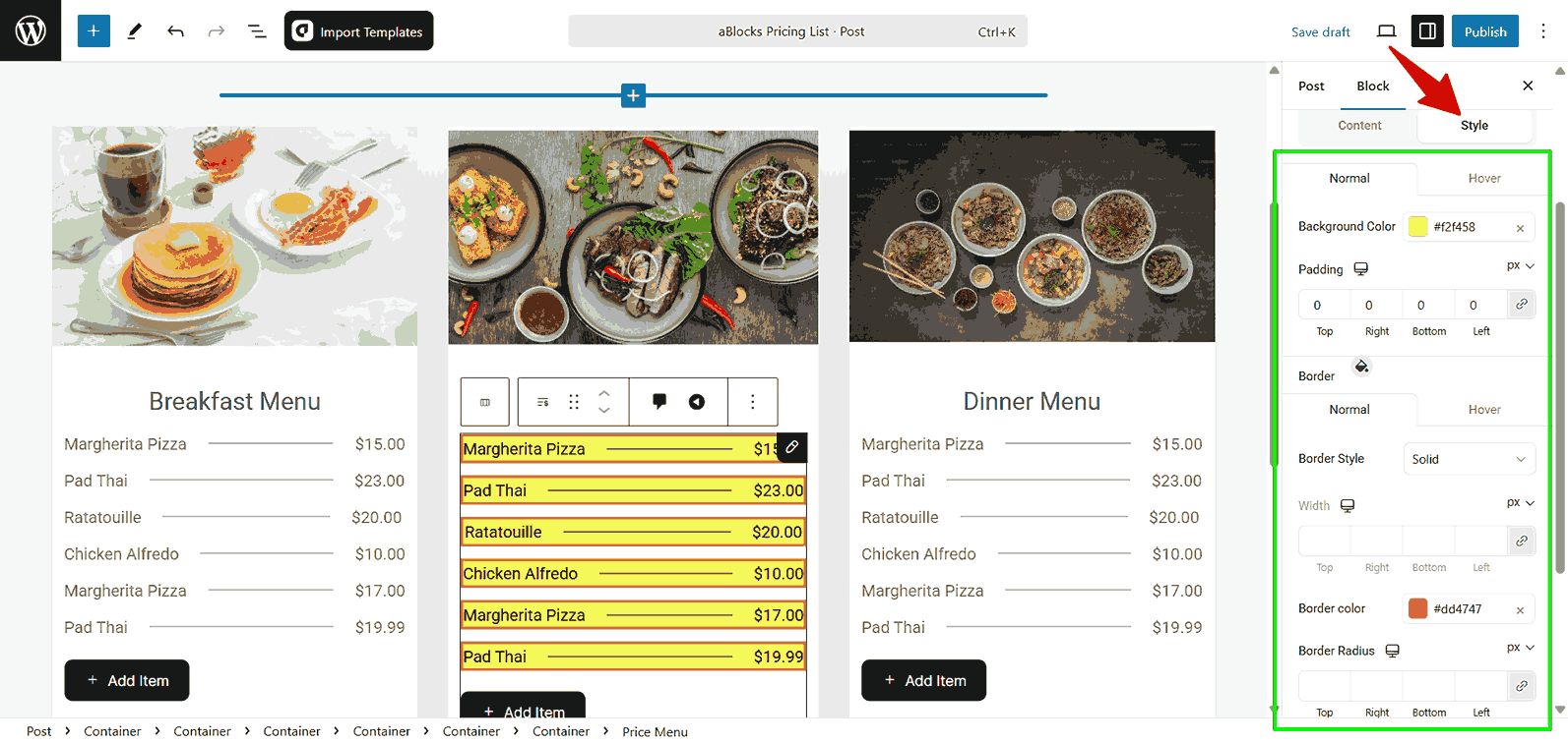 Customize the Style option of the Price Menu section.