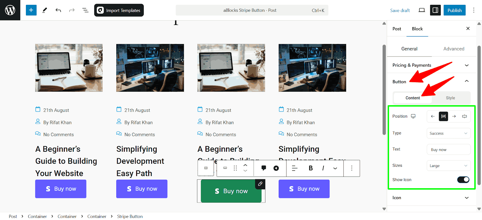 Customize the Content options of the Button section.