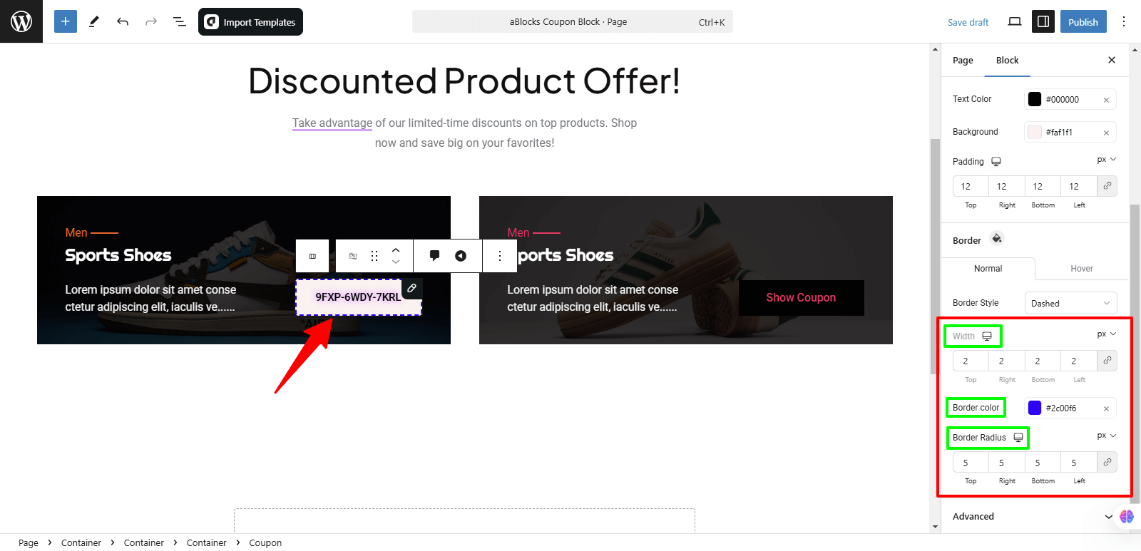 Customize the Width, Border Color, Border Radius options