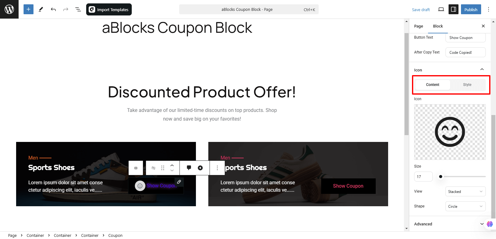 Customize the Content and style options of the icon section