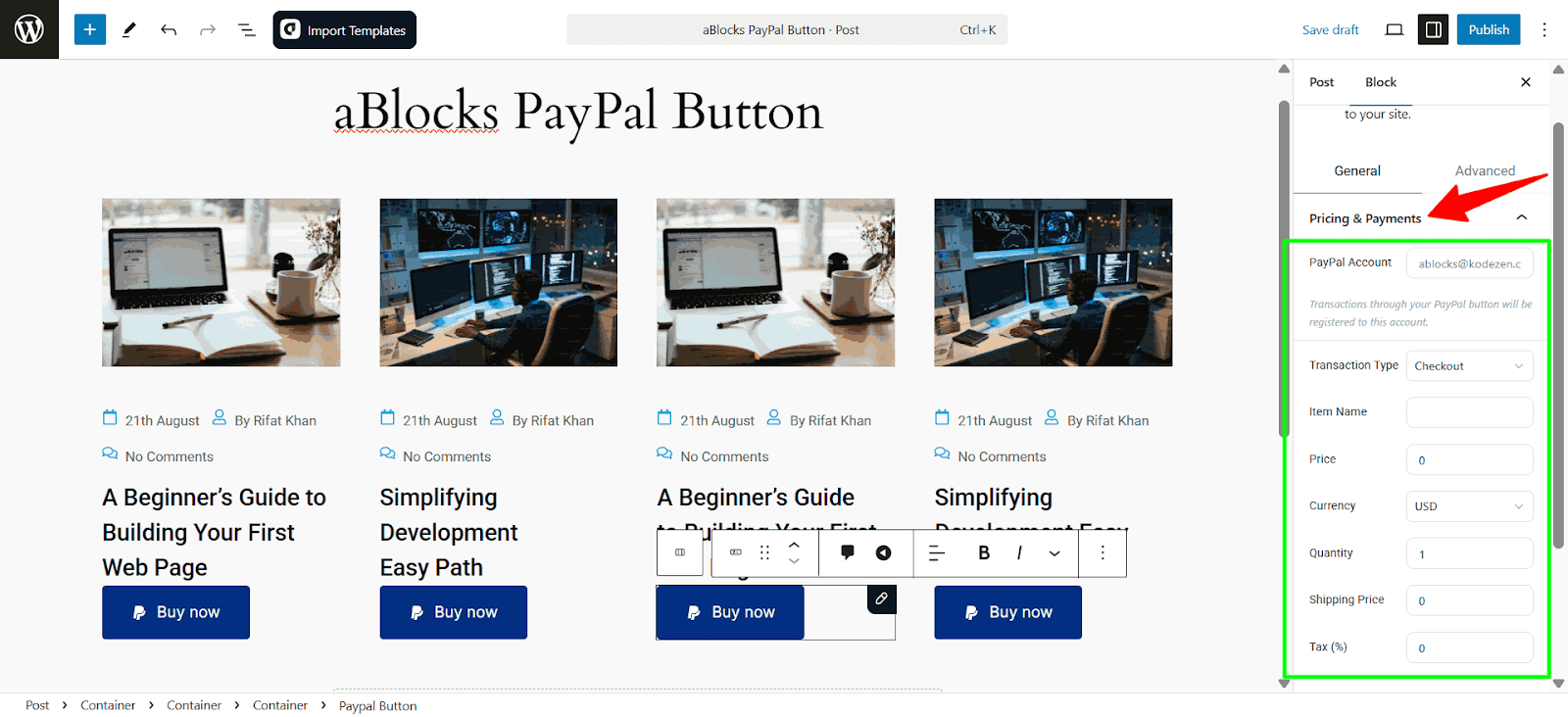 Customize the Pricing & Payments sections 