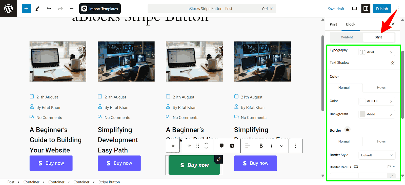 Customize the Style options of the Button section.
